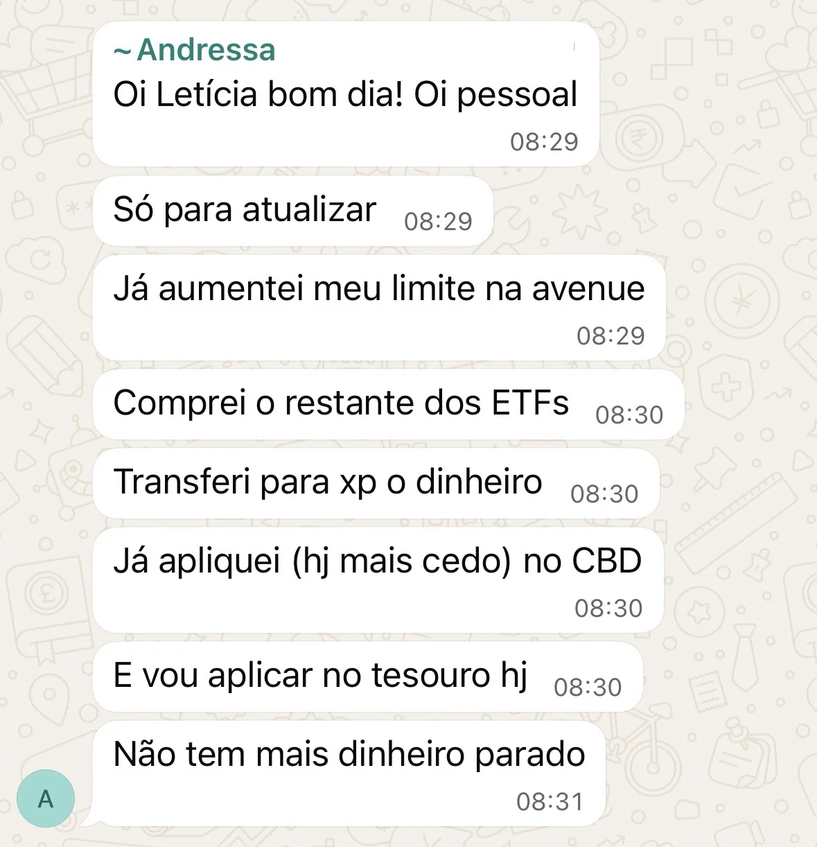 Print do depoimento da Andressa contando que está investindo em ETFs, XP e Tesouro