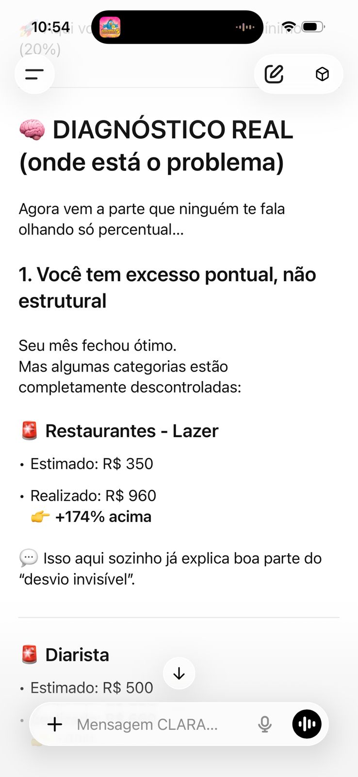 Conversa com a Clara, assistente financeira de IA, analisando os gastos de uma fatura